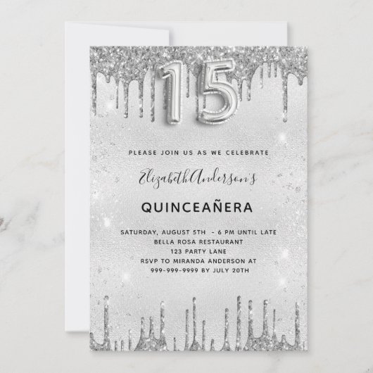 Invitation Quinceanera parties scintillant argent élégant (Devant)