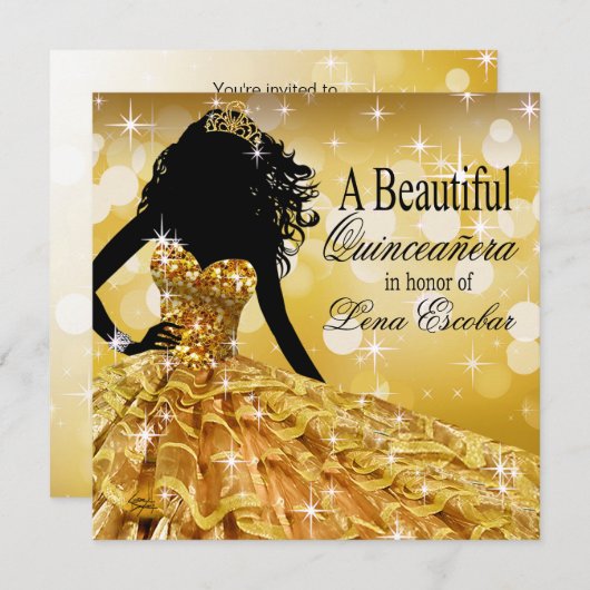 Invitation Quinceanera Parties scintillant Ball Gown | doré (Devant / Derrière)