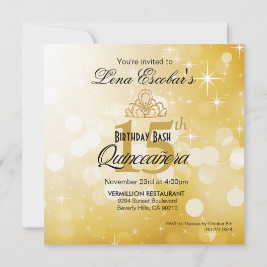 Invitation Quinceanera Parties scintillant Ball Gown | doré (Dos)