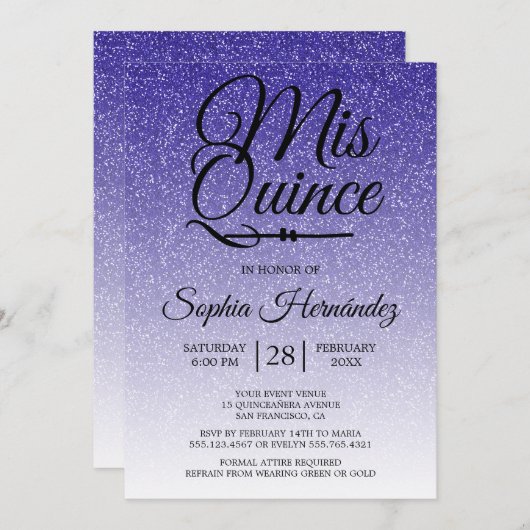 Invitation Quinceañera Parties scintillant Bleue Royale 15e a (Devant / Derrière)