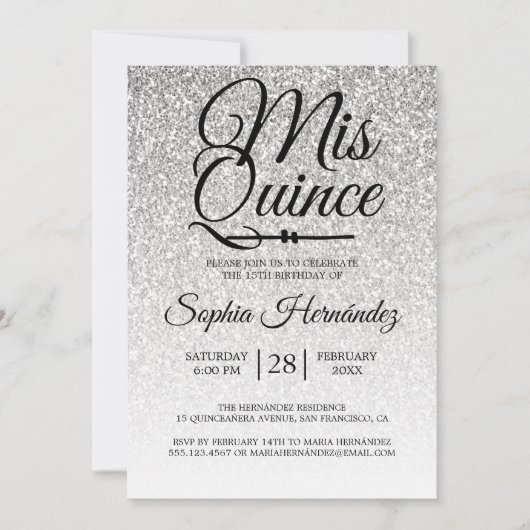 Invitation Quinceañera Parties scintillant d'argent 15e anniv (Devant)