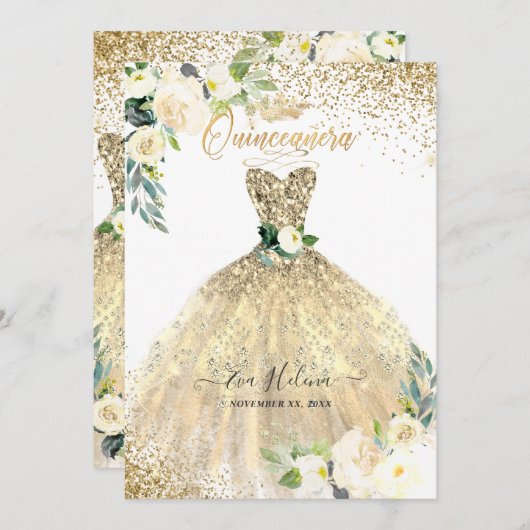 Invitation Quinceañera, Parties scintillant d'or Gown Roses d (Devant / Derrière)