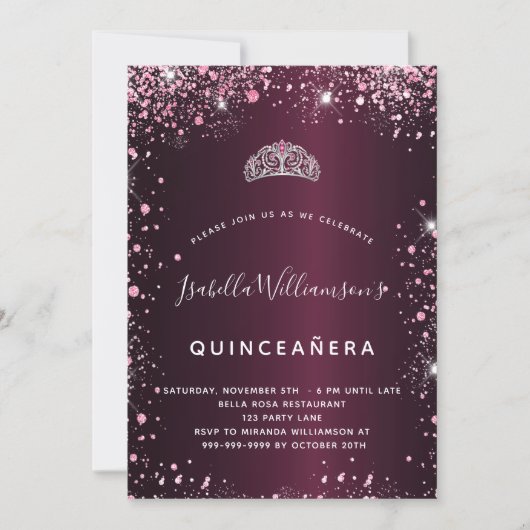 Invitation Quinceanera parties scintillant en tiare rose (Devant)