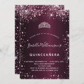 Invitation Quinceanera parties scintillant en tiare rose (Devant / Derrière)