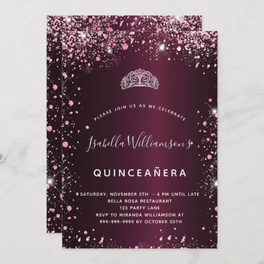 Invitation Quinceanera parties scintillant en tiare rose (Devant / Derrière)