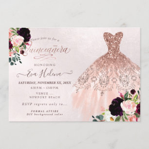 Invitation Quinceañera, Parties scintillant Gown, Bourgogne