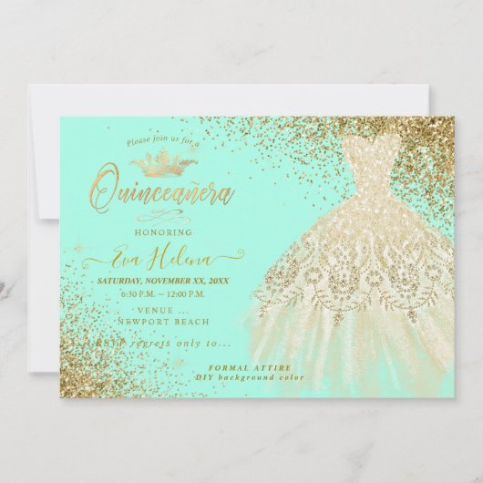 Invitation Quinceañera, Parties scintillant Gown, Faux Gold+M (Devant)