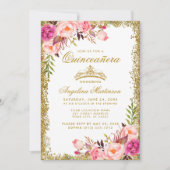 Invitation Quinceanera Parties scintillant or Couronne rose f (Devant)