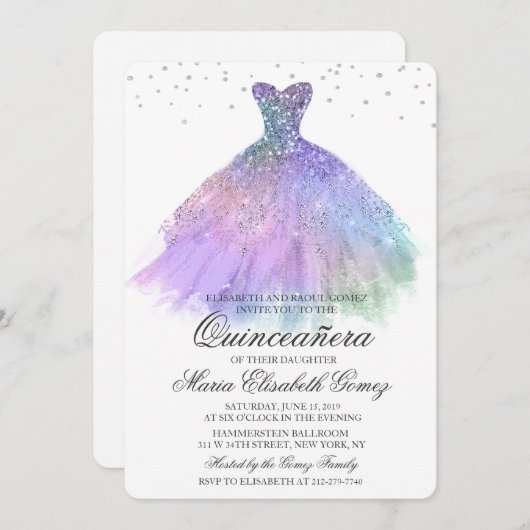 Invitation Quinceanera Parties scintillant robe Diamond Invit (Devant / Derrière)