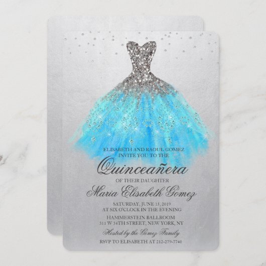 Invitation Quinceanera Parties scintillant robe Diamond Invit (Devant / Derrière)