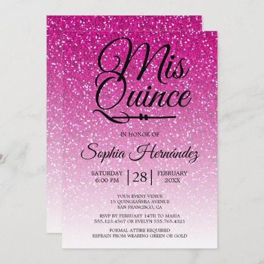 Invitation Quinceañera Parties scintillant rose chaud 15e ann (Devant / Derrière)