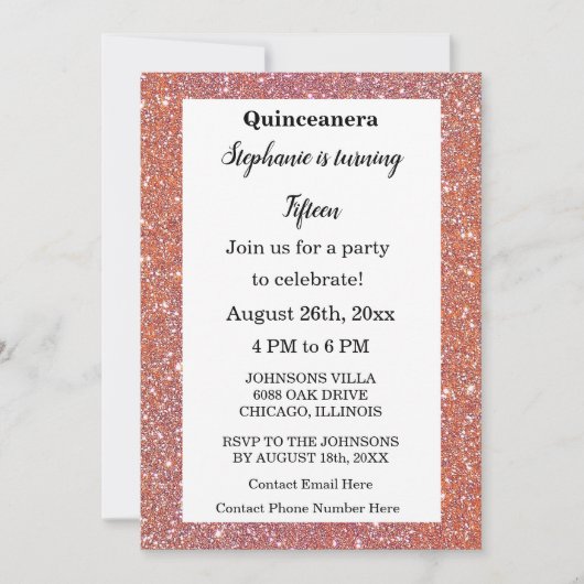 Invitation Quinceanera Parties scintillant rose orange 15e an (Devant)