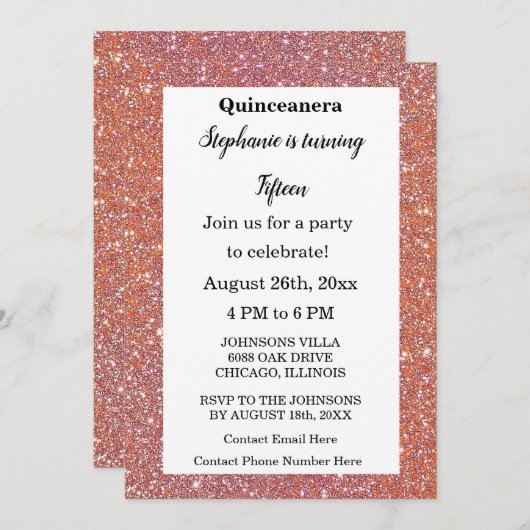 Invitation Quinceanera Parties scintillant rose orange 15e an (Devant / Derrière)