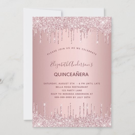 Invitation Quinceanera parties scintillant rose poussiéreuse  (Devant)