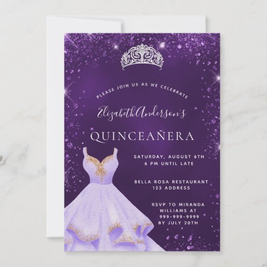 Invitation Quinceanera parties scintillant violet poussière r (Devant)