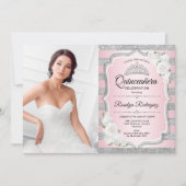 Invitation Quinceanera Party avec photo - Argent rose (Devant)