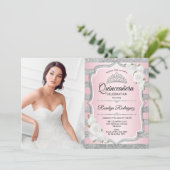 Invitation Quinceanera Party avec photo - Argent rose (Debout devant)