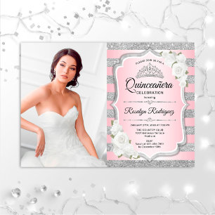 Invitation Quinceanera Party avec photo - Argent rose