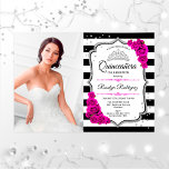 Invitation Quinceanera Party avec photo - Argent rose blanc<br><div class="desc">Quinceanera invitation à la fête avec votre photo. Caractéristiques noir blanc rayures,  police de script,  rose fuchsia roses,  tiara et confetti. Design noir noir blanc rose avec faux parties scintillant argent. Parfait pour une célébration élégante.</div>
