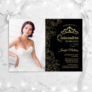 Invitation Quinceanera Party avec photo - Black Gold Floral