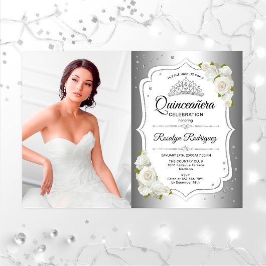 Invitation Quinceanera Party avec photo - Blanc Argent