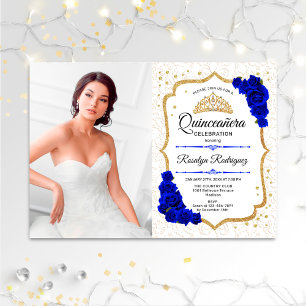 Invitation Quinceanera Party avec photo - Bleu Or Blanc