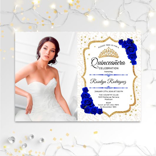 Invitation Quinceanera Party avec photo - Bleu Or Blanc