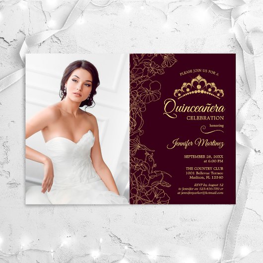 Invitation Quinceanera Party Avec Photo Burgundy Gold Floral
