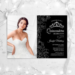 Invitation Quinceanera Party avec photo - Floral noir blanc