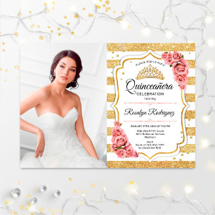 Invitation Quinceanera Party avec photo - Gold Blush rose