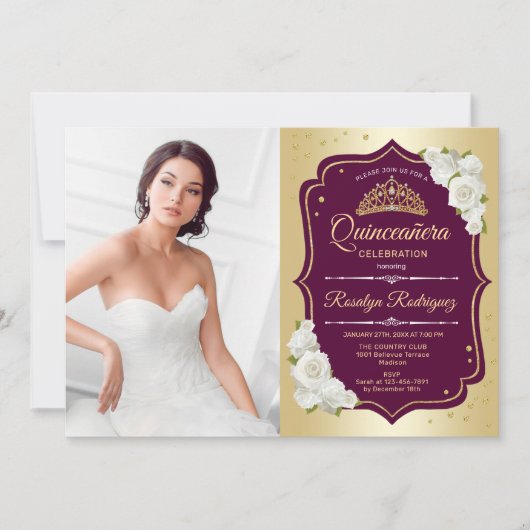 Invitation Quinceanera Party avec photo - Gold Burgundy (Devant)