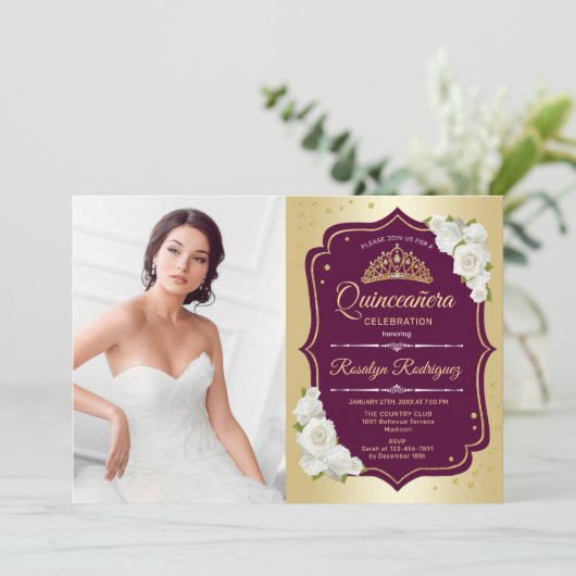 Invitation Quinceanera Party avec photo - Gold Burgundy (Debout devant)