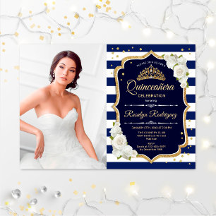 Invitation Quinceanera Party avec photo - Gold Navy White