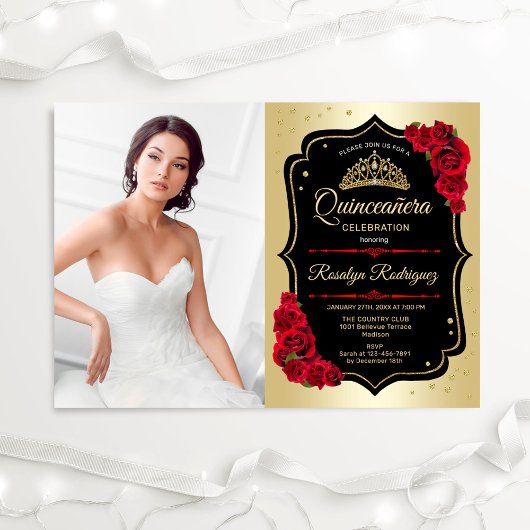 Invitation Quinceanera Party avec photo - Noir Or Rouge