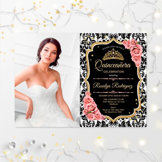 Invitation Quinceanera Party avec photo - Or rose Noir