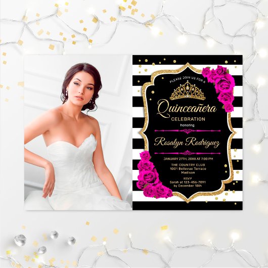 Invitation Quinceanera Party avec photo - Or rose Noir