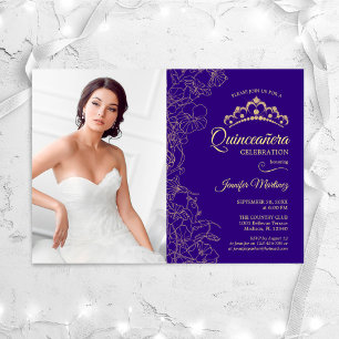 Invitation Quinceanera Party avec photo - Purple Gold Floral