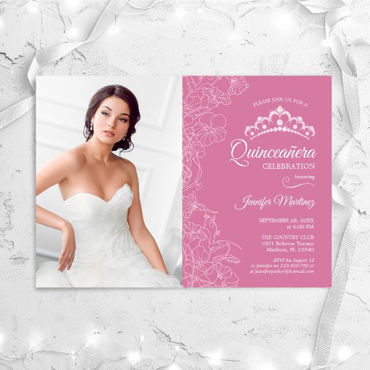 Invitation Quinceanera Party avec photo - Rose Blanc Floral
