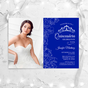 Invitation Quinceanera Party avec photo - Royal Blue Floral