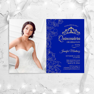 Invitation Quinceanera Party avec photo - Royal Blue Gold
