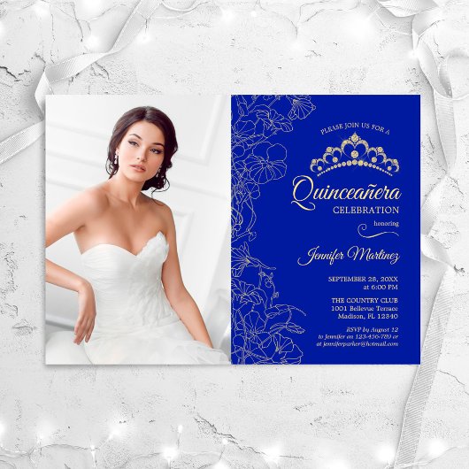 Invitation Quinceanera Party avec photo - Royal Blue Gold