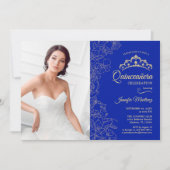 Invitation Quinceanera Party avec photo - Royal Blue Gold (Devant)