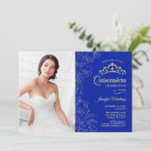 Invitation Quinceanera Party avec photo - Royal Blue Gold (Debout devant)