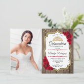 Invitation Quinceanera Party avec photo - Rustic Wood Gold (Debout devant)