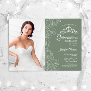 Invitation Quinceanera Party avec photo - Sage Green Floral