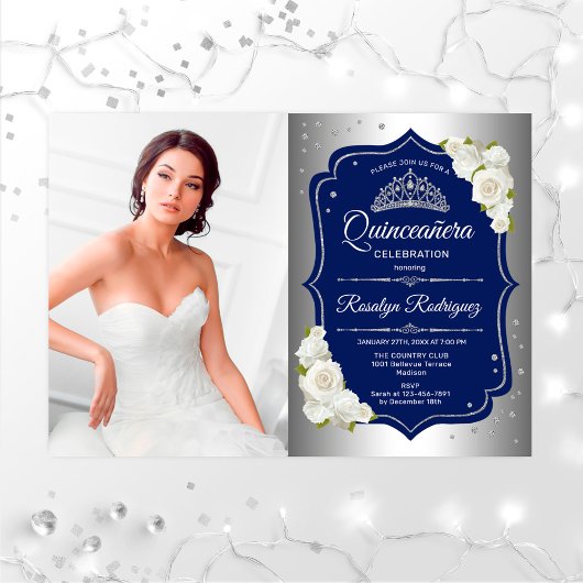 Invitation Quinceanera Party avec photo - Silver Navy