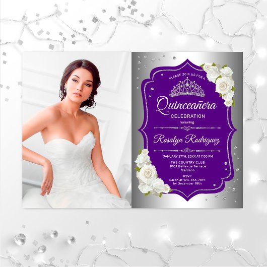 Invitation Quinceanera Party avec photo - Silver Purple