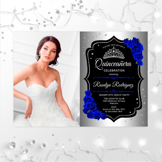 Invitation Quinceanera Party avec photo - Silver Royal Blue
