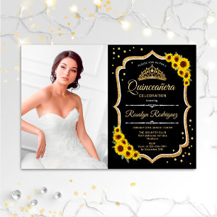 Invitation Quinceanera Party avec photo - Sunflowers Black