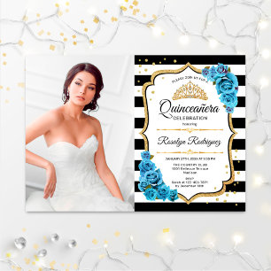 Invitation Quinceanera Party avec photo - Turquoise Blue Gold